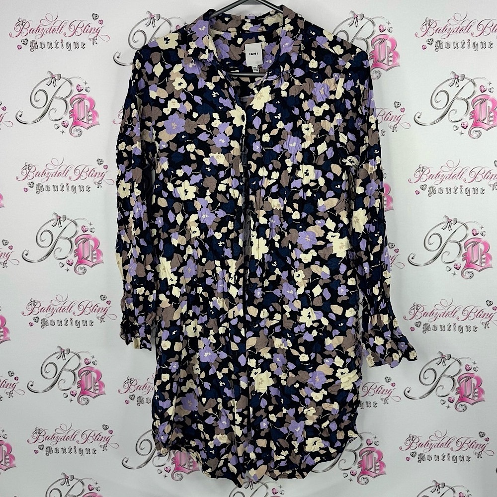 ICHI Floral Print long Blouse mini dress purple cream flowers button up
